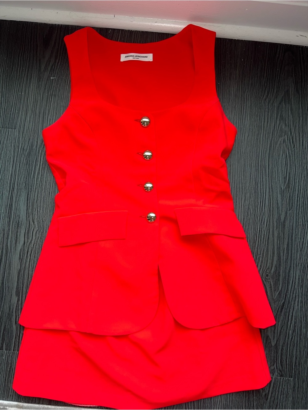 Amanda Uprichard Bright Red Sleeveless Romper with Gold Buttons